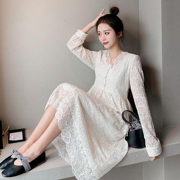 

5913# maternity dress spring autumn lace v neck long sleeves easy matching loose stylish pregnant women mom dresses, White