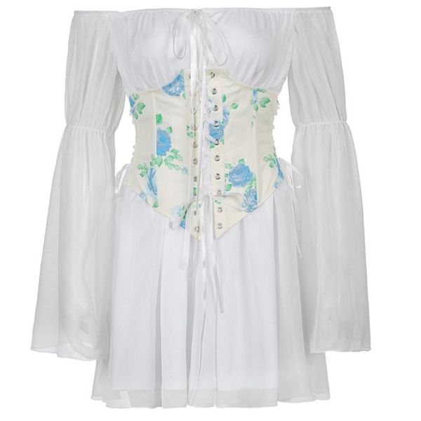 

belts k3nf beach style vintage chiffon dress with corset bandage hollow out bustier chic wide sleeve dresses 2 pieces set, Black;brown