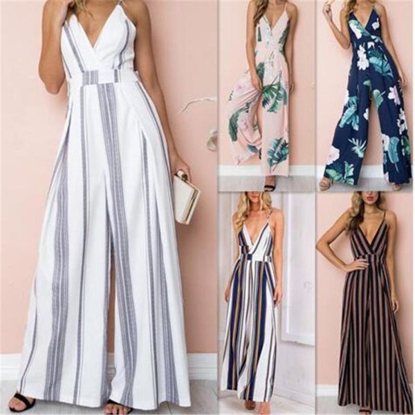 

women's jumpsuits & rompers women striped jumpsuit summer romper wide leg trousers womens v-neck casual outfits sleeveless sling bodysu, Black;white