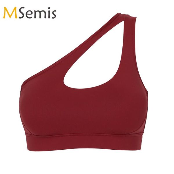 

one shoulder fitness bras women slim sleeveless push up bra hollow shockproof gather brassieres workout female gym clothing, White;black