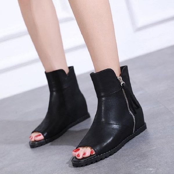 

dress shoes 2021 summer ladies sandals fish mouth high to help flat bottom zipper leather black increase female