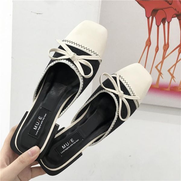 

dress shoes kmeioo classic mule sandals square toe med heels butterfly-knot slides slip-on mules suqare heel slippers black white