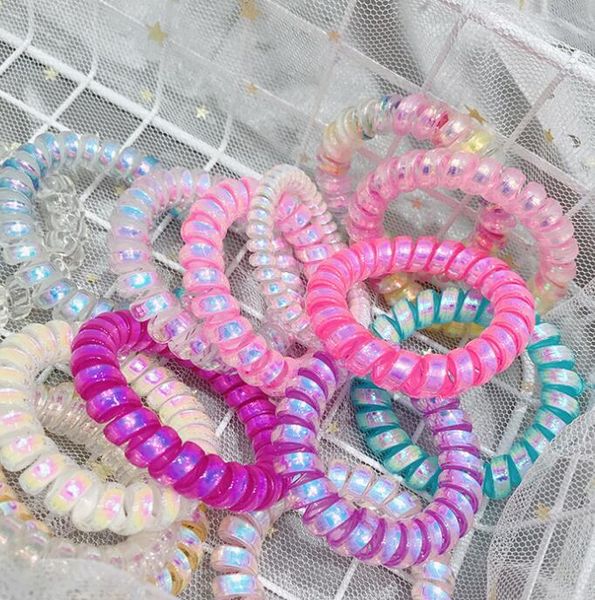 

12styles laser telephone wire cord gum hair tie girls elastic hair band ring rope transparent laser bracelet stretchy hair ropes, Slivery;white
