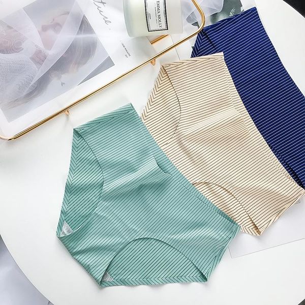 

women's panties seamless briefs ice silk simple solid color pack hips one-piece girl striped comfortable, Black;pink