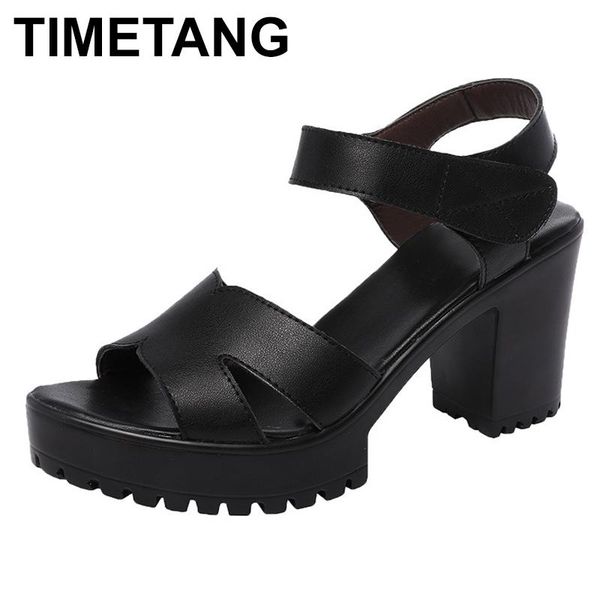 

dress shoes timetang2021 women leather sandals platform hook & loop high heels peep toe summer woman plus size 35-43e1255, Black