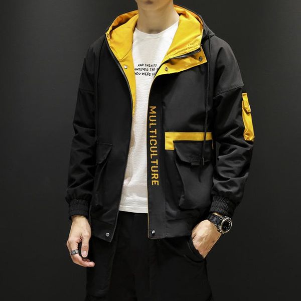

men's jackets autumn hip hop hooded patchwork mens jacket coat male hoodies coats 2021 men yellow streetwear hoodie bomber m-4xl, Black;brown