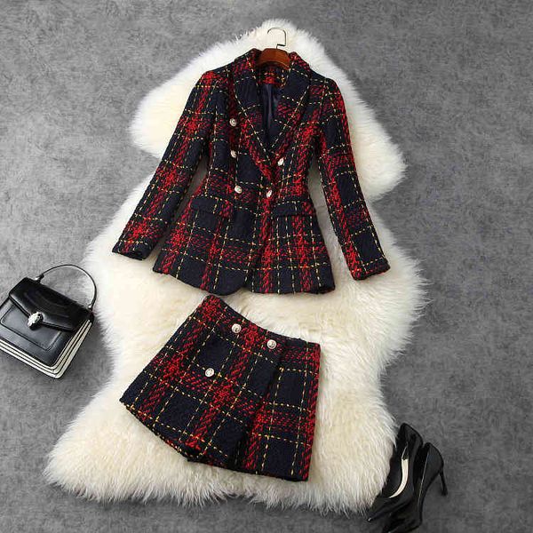 

two piece dress european and american women's wear winter style long-sleeved, double-breasted jacket shorts fashion plaid tweed suit 4v, White