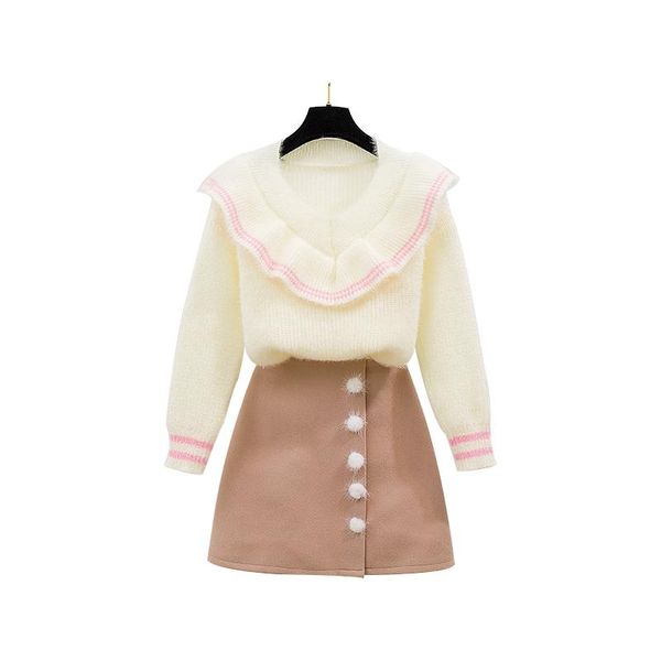 

two piece dress outfit two-piece brim fresh lotus leaf collar sweater bulb woolen cloth skirt women pullover skirts 2 pcs clothing set, White