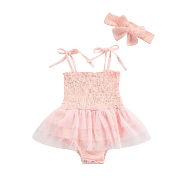 

rompers 2 pcs born summer outfits baby girls tie up solid color boat neck spaghetti strap tulle romper plus bowknot headband, Blue