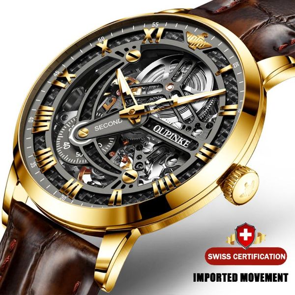 

wristwatches oupinke men automatic skeleton mechanical watch fashion classic sapphire watches leather luminous water resistant, Slivery;brown