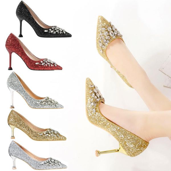 

fashion pointed toe high heels ladies pumps wedding party gold silver thin heel 6.5cm/9.5cm rhinestone bling shoes women elegant, Black