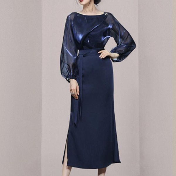 

casual dresses autumn 2021 party women fashion temperament round collar lantern sleeve mosaic long dress, Black;gray