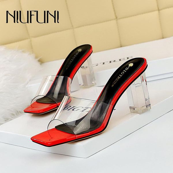 

slippers simple summer women's crystal heel square head open toe pvc transparent slides shoes high heels clear jelly pumps, Black