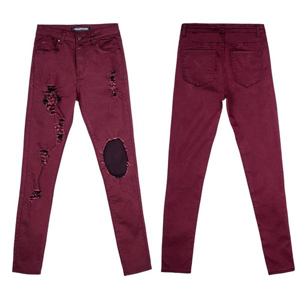 

women's jeans dsqbrand ladies ripped cut hollow high waist burgundy pants tights fashion quality girl boyfriend long, Blue