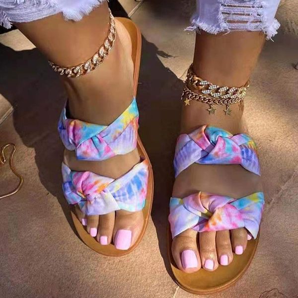 

slippers 2021 women print knot female colorful summer fashion slides ladies casual flat women's beach leisure shoes big size, Black