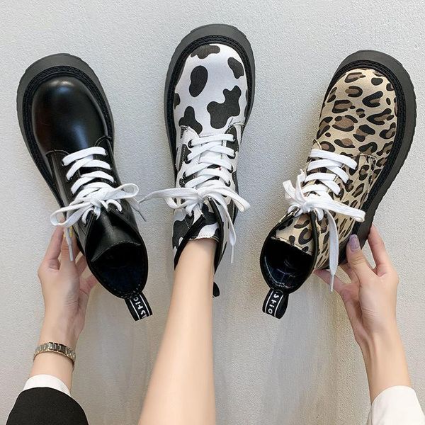 

boots 2021 women leopard platform round toe motorcycle fashion spring autumn chunky shoes ladies lace-up ankel booties, Black