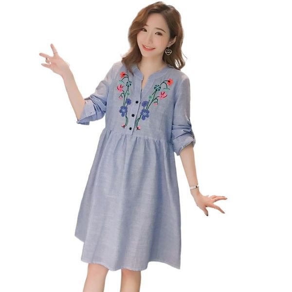 

maternity dresses 2021 spring dress long sleeve embroidery shirt ce clothes linen cotton pregnant women vestidos, White