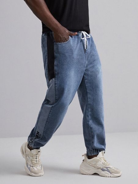 

extended sizes men drawstring waist letter pattern jeans 12wc#, Blue