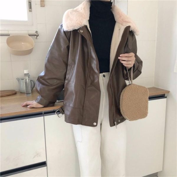 

women's leather & faux winter fur collar thick fashion wild loose motorcycle clothing pu jacket coat women, Black