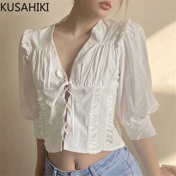 

kusahiki womens bow bandage slim short shirts spring summer half puff sleeve v-neck blouses korean sweet blusas 6f884 210602, White