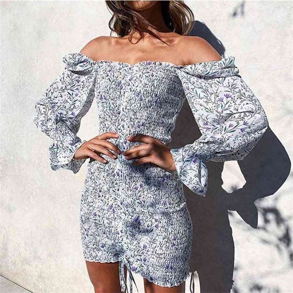 

trendy square neck floral print dress women long sleeve bodycon mini dress boho beach dress for girls party clothing 210630, Black;gray
