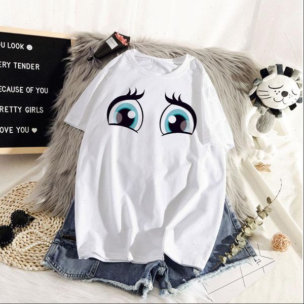 

womens summer style fashion harajuku women tee shirts face cute eyebrows lip printing cotton ladies o neck t shirt, White