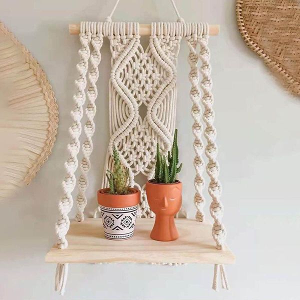 

tapestries bohemian wooden handmade macrame wall hanging rope shelf floating plant rack stand tapestry home decor ornament