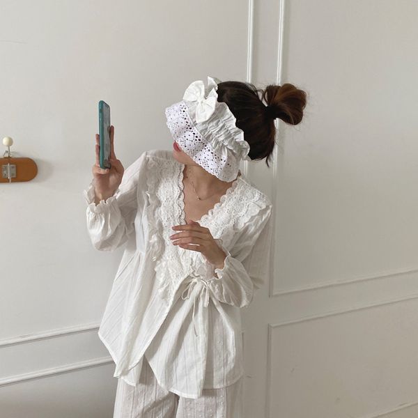 

2021alien kitty korean autumn lace elegant pure color cotton 2021 pajamas women cotton sweet style pajamas set home clothes, Black;red