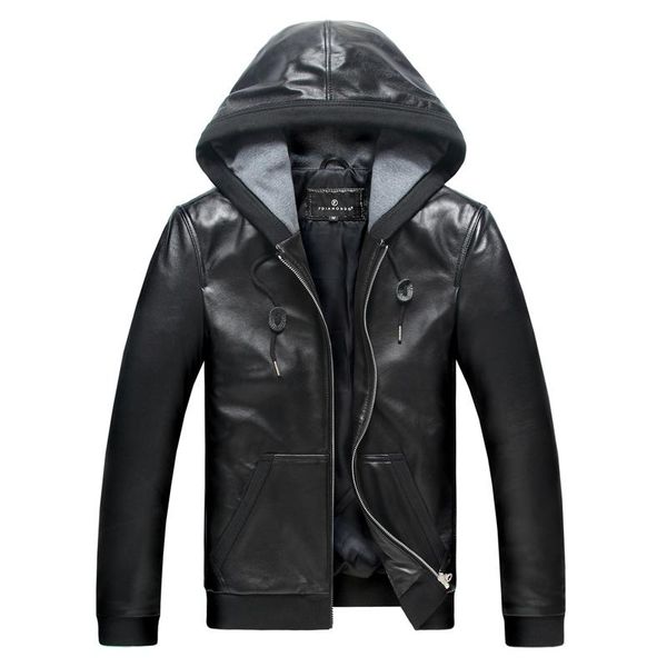 

men's leather & faux hooded jacket men motorcycle hood black genuine biker sheepskin coats