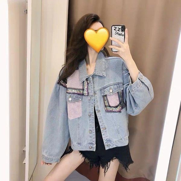 

women's jackets 2021 spring autumn women korean all-match stitching multicolor sequin denim jacket loose single-breasted jean coat y387, Black;brown