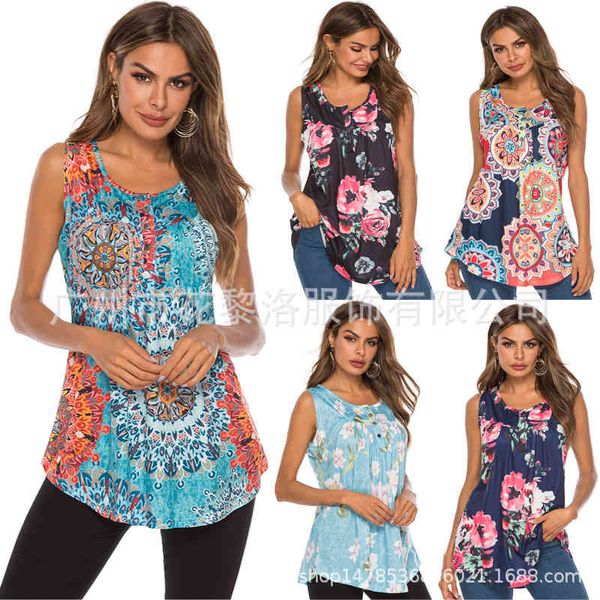 

2020 summer printed button v-neck sleeveless vest casual t-shirt, White