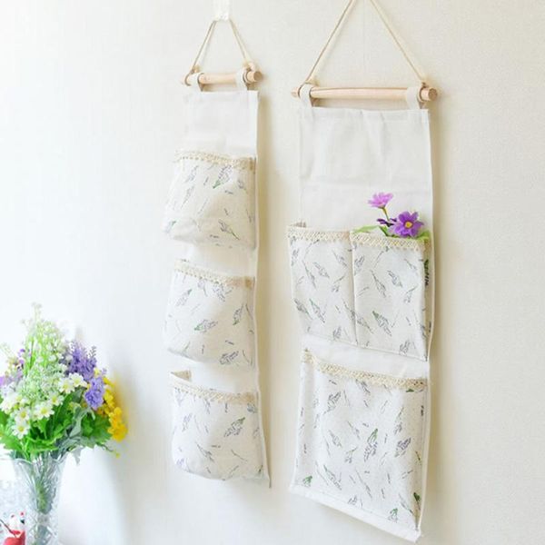 

lavender pattern cotton linen hanging storage bag 3 pockets wall mounted wardrobe handbag pouch cosmetic toys organizer boxes & bins