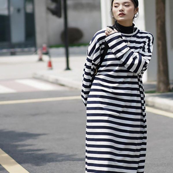 

casual dresses [ewq] dress women's black and white stripes high street loose slim full sleeve round collar 2021 spring autumn fashion t, Black;gray