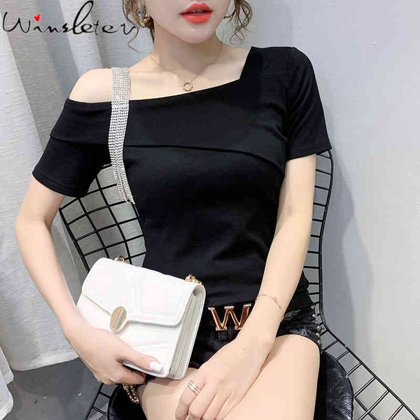 

women's t-shirt summer european clothes t-shirt fashion irregularity diamonds chain women off shoulder ropa mujer casual, White