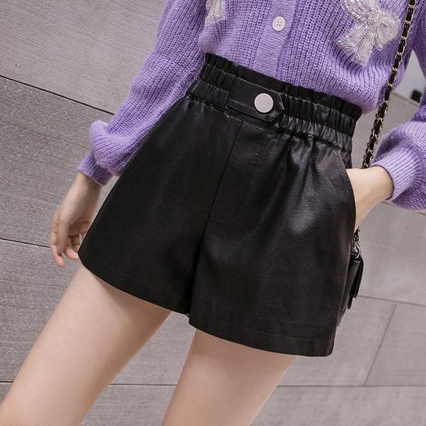 

women's shorts women autumn and winter high waist three-dimensional baggy pants elastic comfortable pu leather ropa mujer, White;black