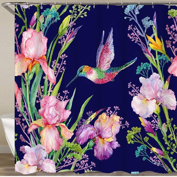 

shower curtain set with 12 hooks,irises flowers and a small hummingbird,decorative bath curtain modern bathroom