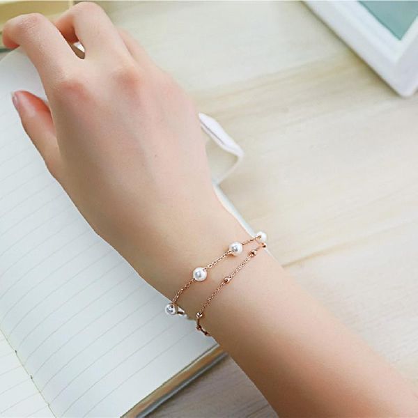 

link, chain women's pearl bracelet simple and sweet rose gold multilayer jewelry birthday gift titanium steel, Black