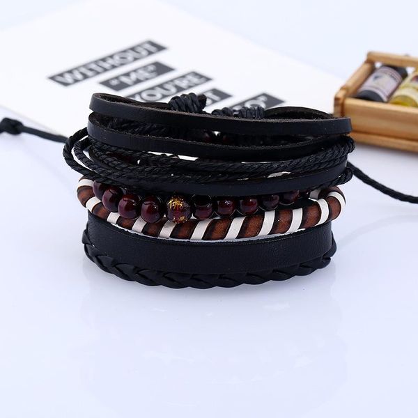 

charm bracelets 4pcs/set retro boho punk hippy black wrap leather knot buddha word in chinese red wood bead layers bangles man, Golden;silver