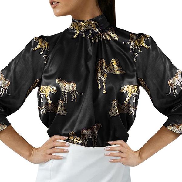 

women's blouses & shirts blouse vintage leopard print half high collar office lady shining casual loose fashion summer satin female, White