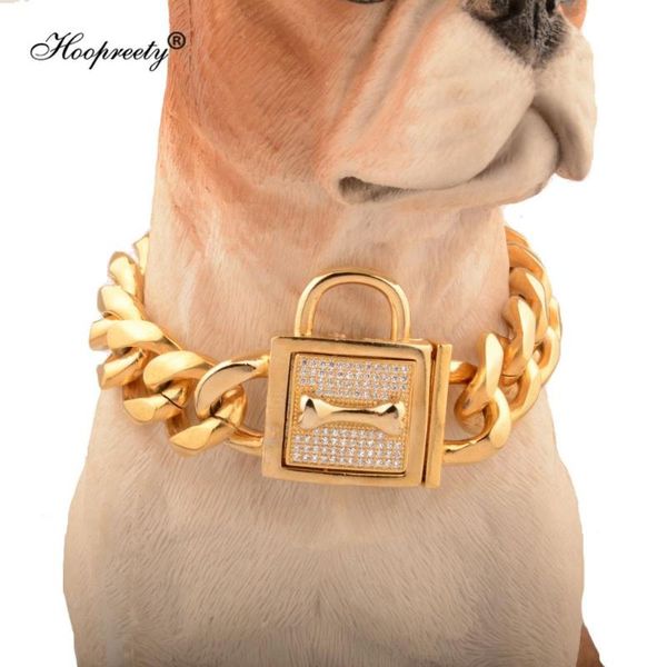 

19mm golden lock stainless steel pet dog collar apparels metal durable puppy cat gold silver training necklaces 10a collars & leashes