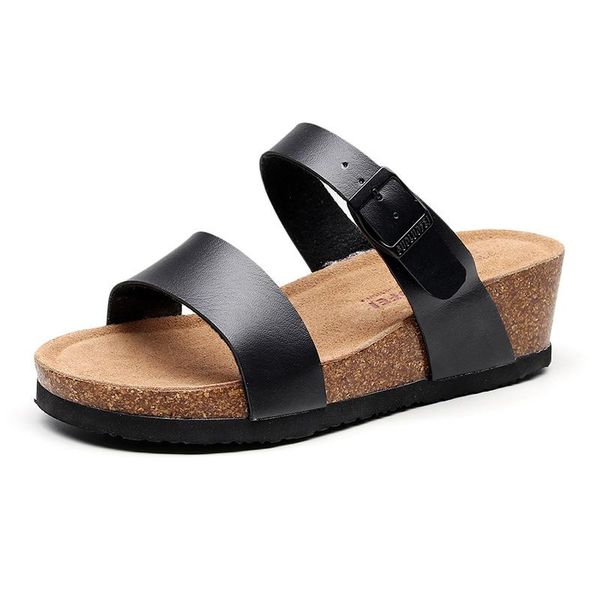 

slippers summer style slope heel sandals women cork set toe thick-soled flip-flop beach, Black