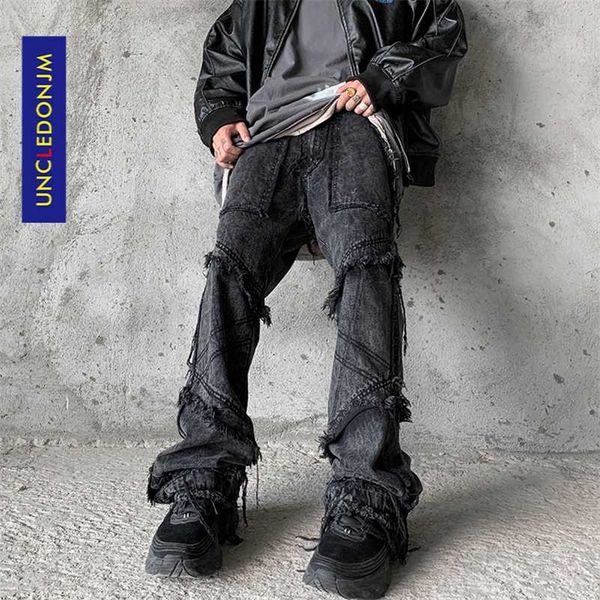 

uncledonjm hip hop flare jeans men clothing wide leg jeans streetwear black goth clothes jeans for men z69 211103, Blue