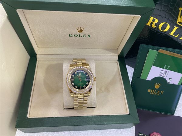 

original box certificate 18k gold president male watches day date diamonds green dial watch men stainless diamond bezel automatic wristwatch, Slivery;brown