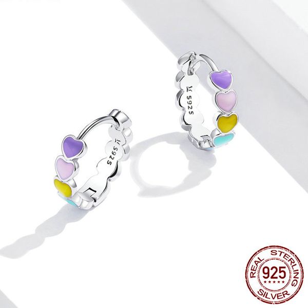 S925 Sterling Prata Brincos Coração Arco-íris Dangle Enamel Eardrop Hypoalergênico Piercing Ear Turns Jóias Hoop para Mulheres Menina