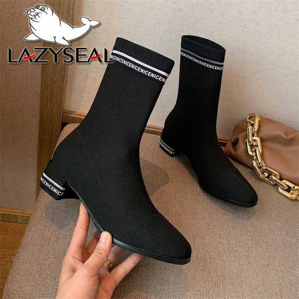 

lazyseal stretch fabric socks boots women shoes mid-calf square heels riband leters breathtable sock shoe motorcycle boots 211012, Black