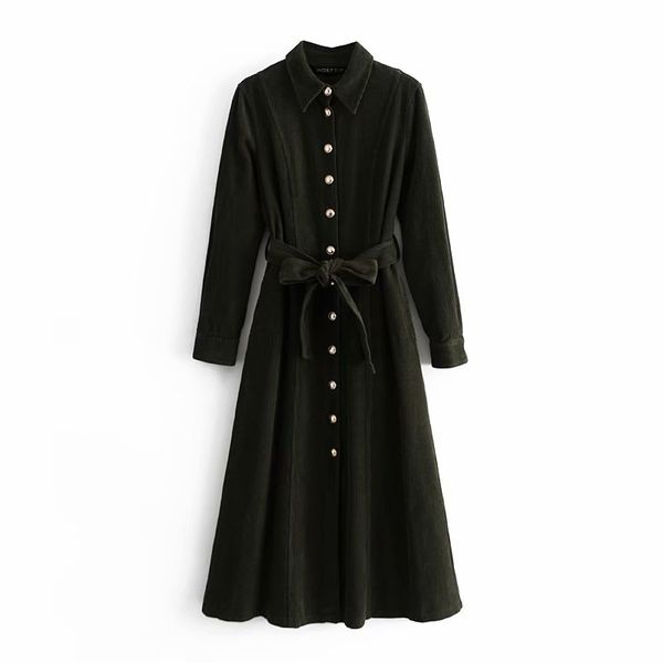 

vintage woman corduroy sashes shirt dress fashion ladies autumn armygreen long es female chic button blouse 210515, Black;gray