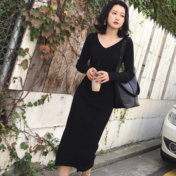 

casual dresses [good quality] autumn and winter sweater v-neck slim-fit base knit dress female solid color long-sleeved mid-length, Black;gray