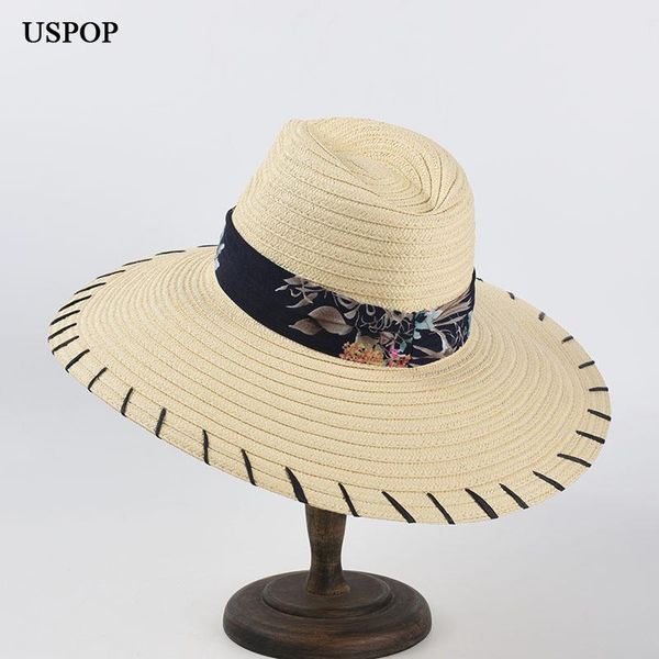 

women straw hat summer sun hats print ribbon panama wide brim beach sunshade, Blue;gray