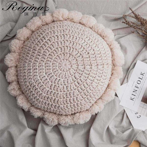 REGINA INS Niedliches Sonnenblumen-Wurfkissen, Quasten-Pompom-gestricktes rundes Kissen, Beige, Heimdekoration, Sofakissen, Handauflage, Sitzkissen 210716