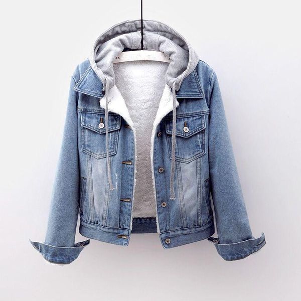 

women's jackets women denim jeans coat hooded autumn winter thick fleece fur plush lining short vintage long sleeve jacket, Black;brown